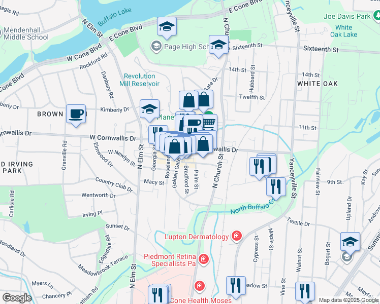 map of restaurants, bars, coffee shops, grocery stores, and more near 404 East Cornwallis Drive in Greensboro