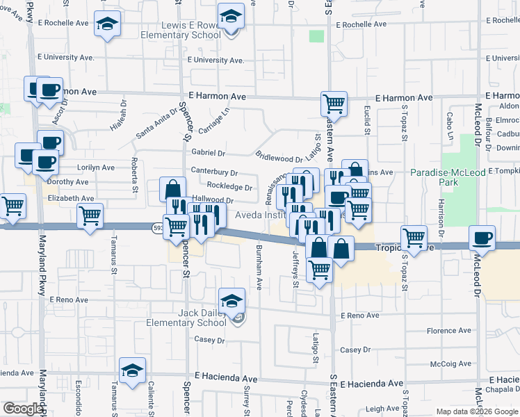 map of restaurants, bars, coffee shops, grocery stores, and more near 2049 Hallwood Drive in Las Vegas