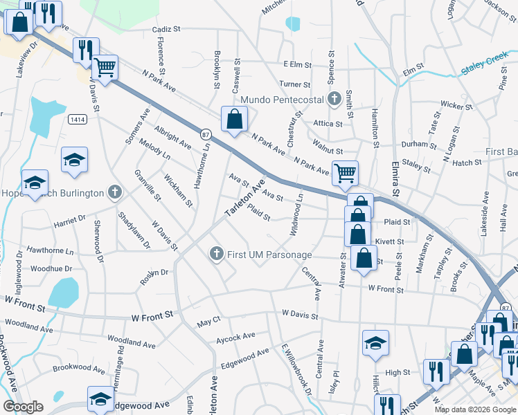 map of restaurants, bars, coffee shops, grocery stores, and more near 1135 Plaid Street in Burlington