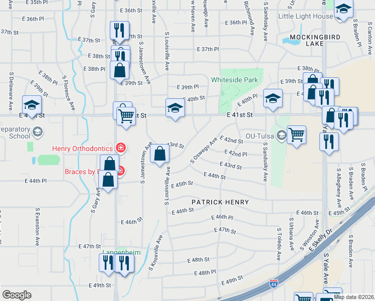 map of restaurants, bars, coffee shops, grocery stores, and more near 4183 South New Haven Place in Tulsa