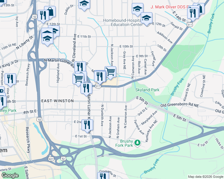 map of restaurants, bars, coffee shops, grocery stores, and more near 1518 New Walkertown Road in Winston-Salem
