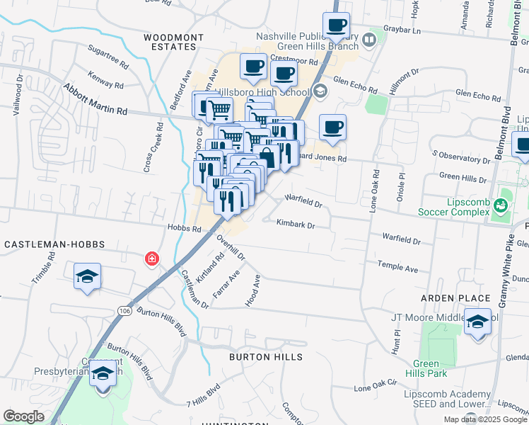 map of restaurants, bars, coffee shops, grocery stores, and more near 4109 Kimbark Drive in Nashville