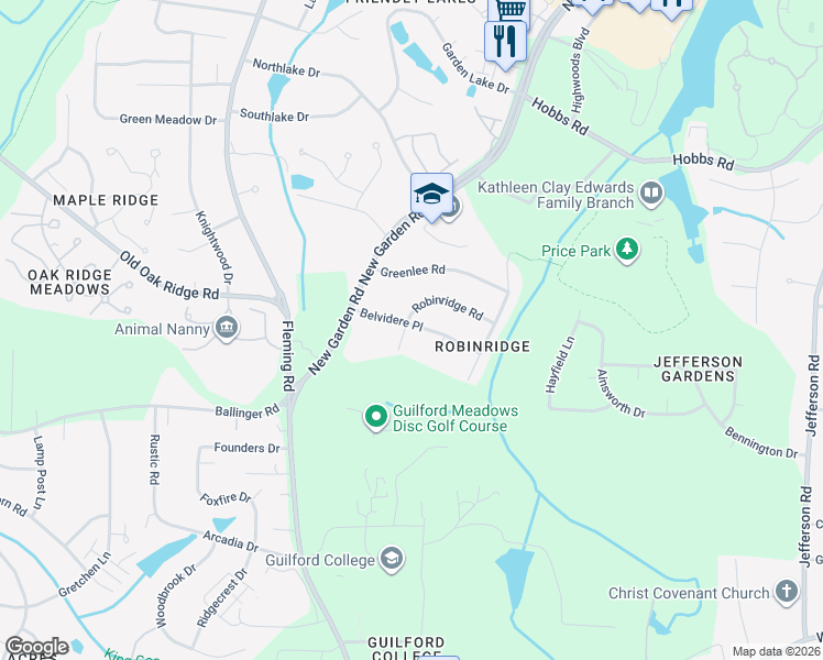 map of restaurants, bars, coffee shops, grocery stores, and more near 5601 Robinridge Road in Greensboro