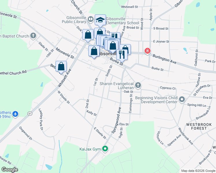 map of restaurants, bars, coffee shops, grocery stores, and more near 420 May Street in Gibsonville