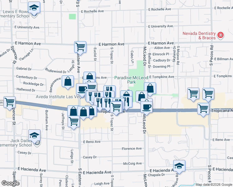 map of restaurants, bars, coffee shops, grocery stores, and more near 4770 South Topaz Street in Las Vegas