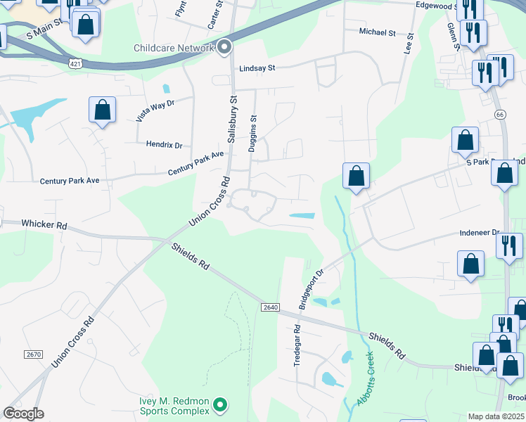 map of restaurants, bars, coffee shops, grocery stores, and more near 504 Avery Way Court in Kernersville