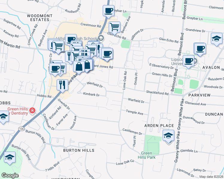 map of restaurants, bars, coffee shops, grocery stores, and more near 1812 Warfield Drive in Nashville