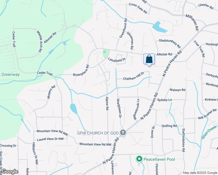 map of restaurants, bars, coffee shops, grocery stores, and more near 110 Alpine Court in Winston-Salem