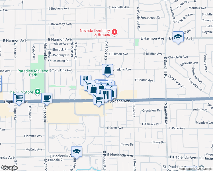 map of restaurants, bars, coffee shops, grocery stores, and more near 3430 South Pecos Road in Las Vegas