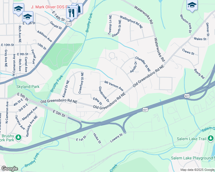 map of restaurants, bars, coffee shops, grocery stores, and more near 638 Mount Vernon Avenue in Winston-Salem