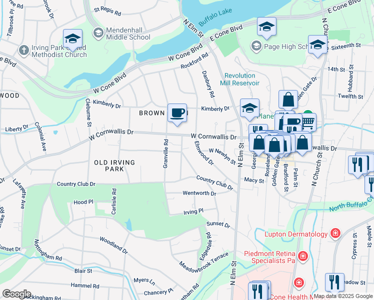 map of restaurants, bars, coffee shops, grocery stores, and more near 1820 Saint Andrews Road in Greensboro