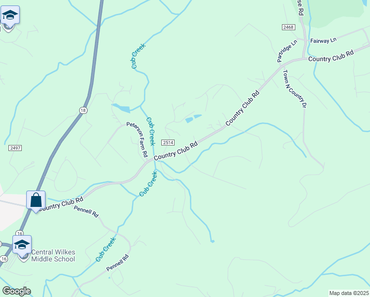 map of restaurants, bars, coffee shops, grocery stores, and more near 1694 Country Club Road in Wilkesboro