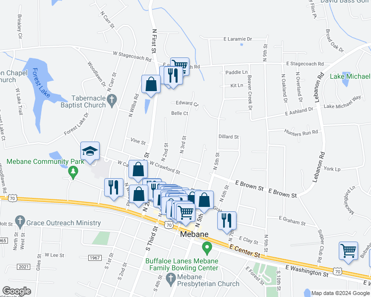 map of restaurants, bars, coffee shops, grocery stores, and more near 608 North 3rd Street in Mebane