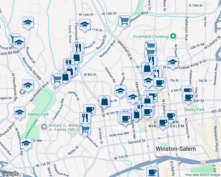 map of restaurants, bars, coffee shops, grocery stores, and more near 156 West End Boulevard in Winston-Salem