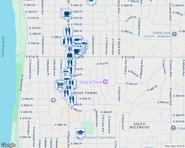 map of restaurants, bars, coffee shops, grocery stores, and more near 4213 South Rockford Avenue in Tulsa