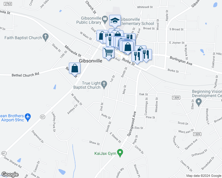 map of restaurants, bars, coffee shops, grocery stores, and more near 503 1st Street in Gibsonville