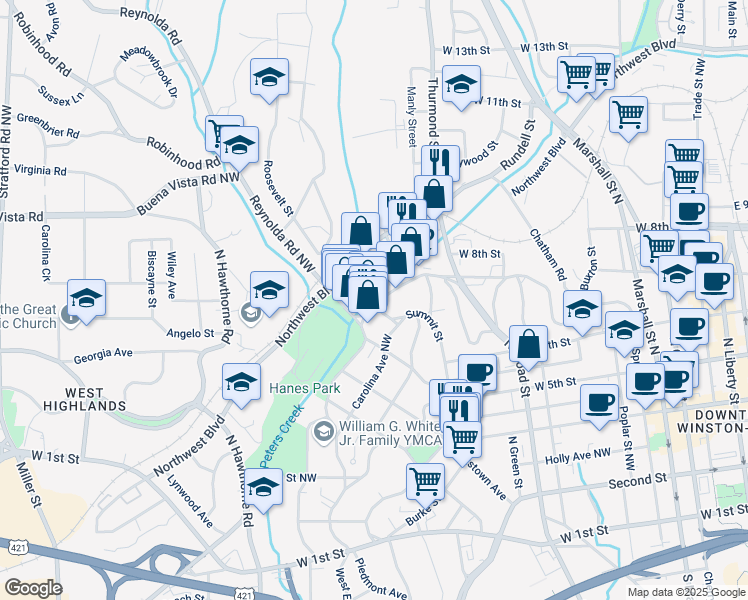 map of restaurants, bars, coffee shops, grocery stores, and more near 457 West End Boulevard in Winston-Salem