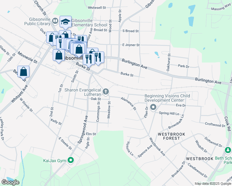 map of restaurants, bars, coffee shops, grocery stores, and more near 213 Cypress Court in Gibsonville