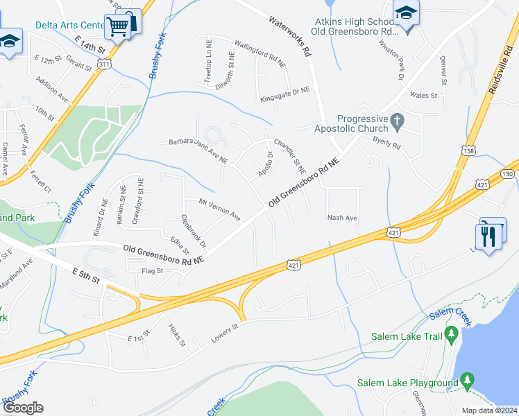 map of restaurants, bars, coffee shops, grocery stores, and more near 2931 Old Greensboro Road in Winston-Salem