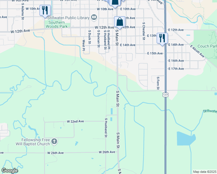 map of restaurants, bars, coffee shops, grocery stores, and more near 1823 South Husband Street in Stillwater