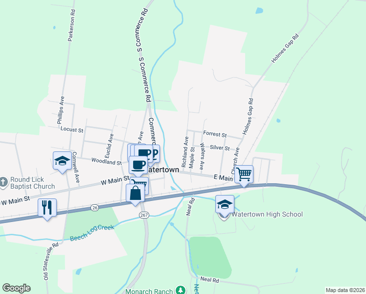 map of restaurants, bars, coffee shops, grocery stores, and more near 138 Richland Avenue in Watertown