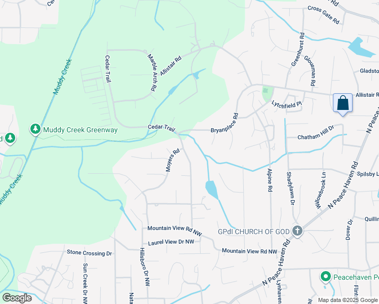 map of restaurants, bars, coffee shops, grocery stores, and more near 221 Cedar Trail in Winston-Salem