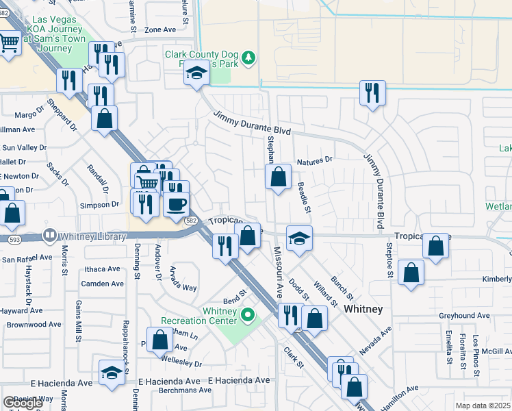 map of restaurants, bars, coffee shops, grocery stores, and more near 5710 East Tropicana Avenue in Las Vegas