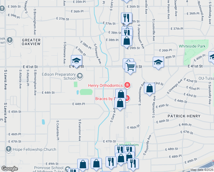 map of restaurants, bars, coffee shops, grocery stores, and more near 3135 East 44th Street in Tulsa
