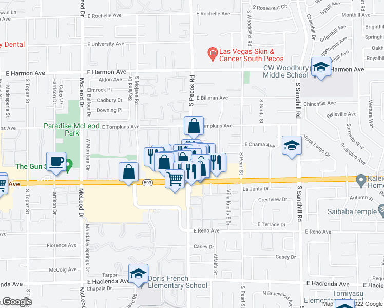 map of restaurants, bars, coffee shops, grocery stores, and more near 3438 South Pecos Road in Las Vegas