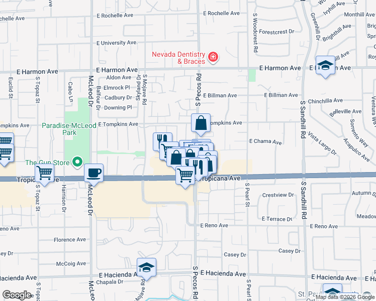 map of restaurants, bars, coffee shops, grocery stores, and more near 3438 South Pecos Road in Las Vegas