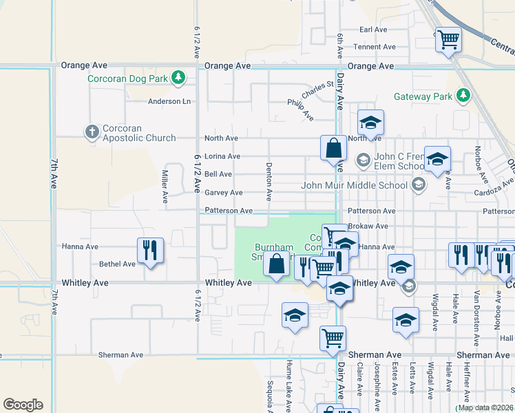 map of restaurants, bars, coffee shops, grocery stores, and more near 2306 Patterson Avenue in Corcoran