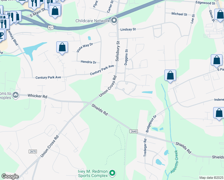 map of restaurants, bars, coffee shops, grocery stores, and more near 408 Thomas Ross Court in Kernersville