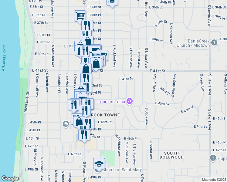 map of restaurants, bars, coffee shops, grocery stores, and more near 4213 South Rockford Avenue in Tulsa