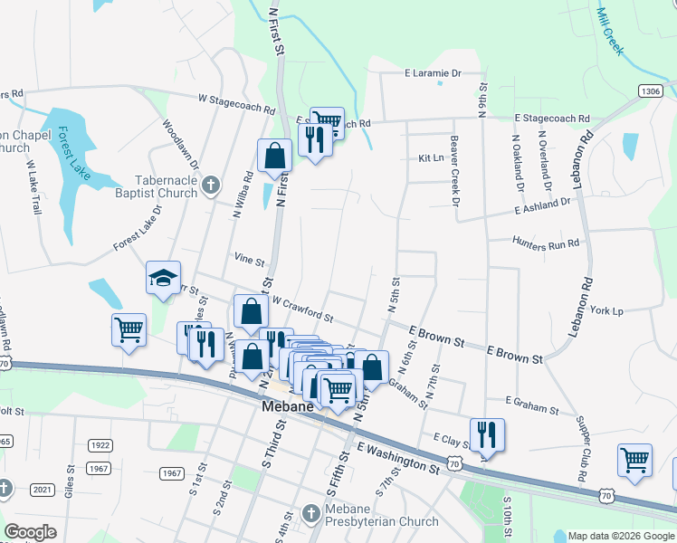 map of restaurants, bars, coffee shops, grocery stores, and more near 608 3rd Street in Mebane