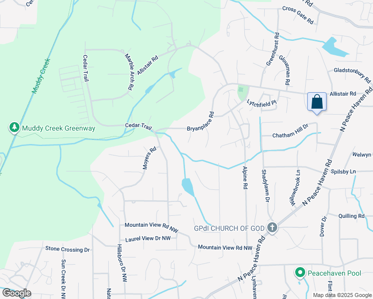 map of restaurants, bars, coffee shops, grocery stores, and more near 4180 Malbeth Court in Winston-Salem