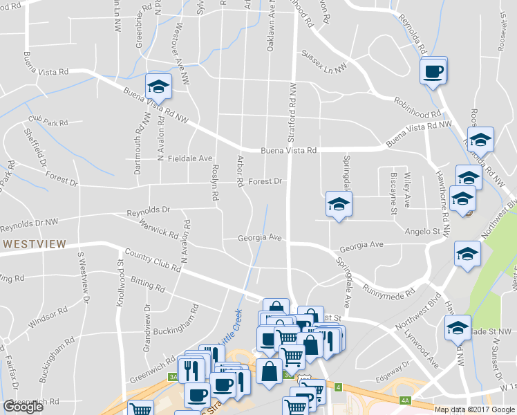 map of restaurants, bars, coffee shops, grocery stores, and more near 341 Arbor Road in Winston-Salem