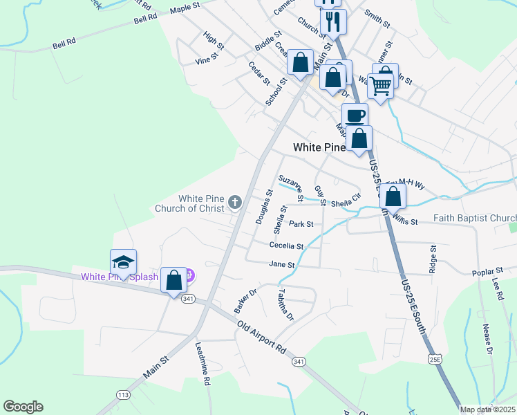 map of restaurants, bars, coffee shops, grocery stores, and more near 1309 Douglas St in White Pine