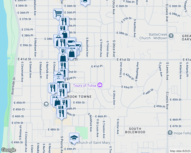map of restaurants, bars, coffee shops, grocery stores, and more near 4166 South Saint Louis Avenue in Tulsa