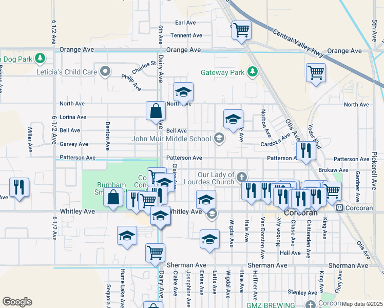 map of restaurants, bars, coffee shops, grocery stores, and more near 741 Josephine Avenue in Corcoran