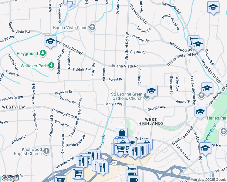 map of restaurants, bars, coffee shops, grocery stores, and more near 341 Arbor Road in Winston-Salem