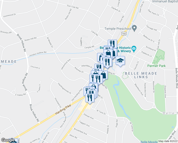 map of restaurants, bars, coffee shops, grocery stores, and more near 110 Keyway Drive in Nashville