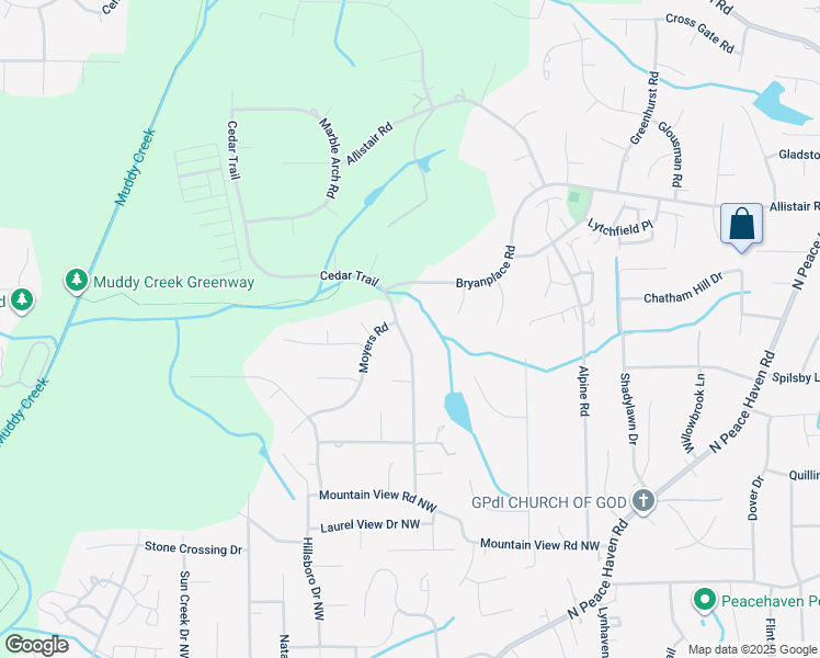 map of restaurants, bars, coffee shops, grocery stores, and more near 221 Cedar Trail in Winston-Salem