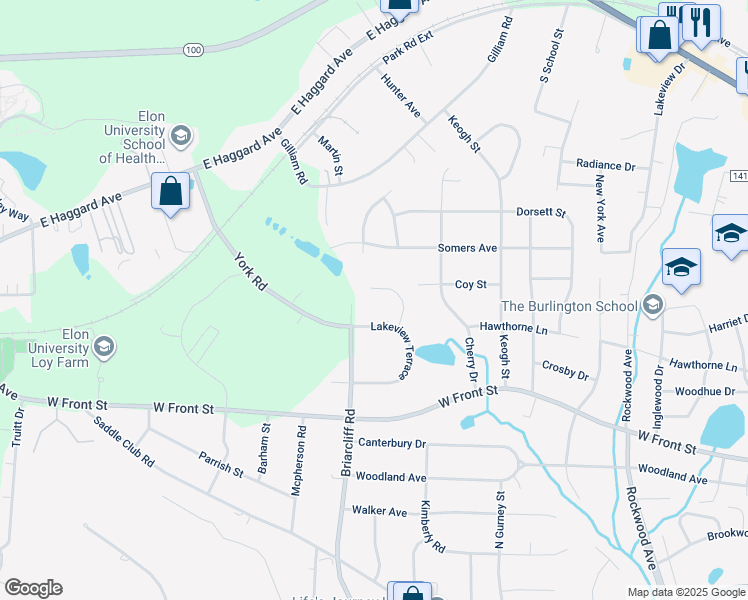 map of restaurants, bars, coffee shops, grocery stores, and more near 1560 York Place in Burlington