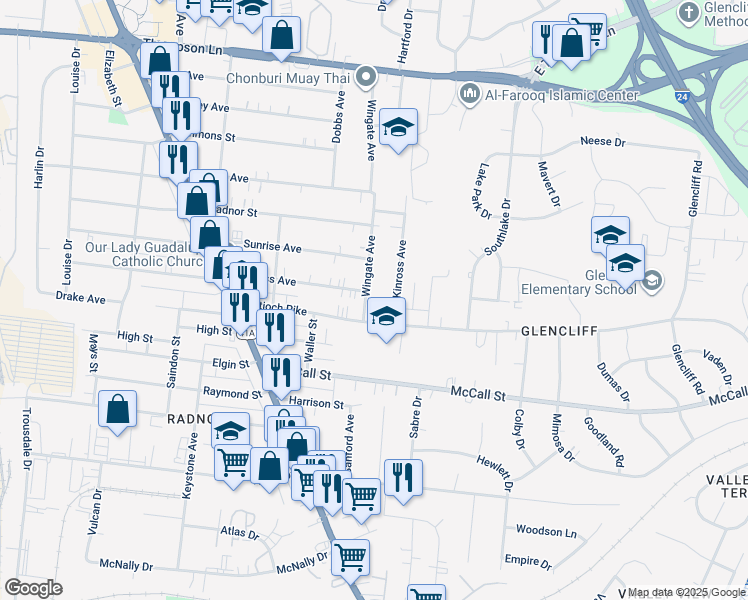 map of restaurants, bars, coffee shops, grocery stores, and more near 3220 Wingate Avenue in Nashville