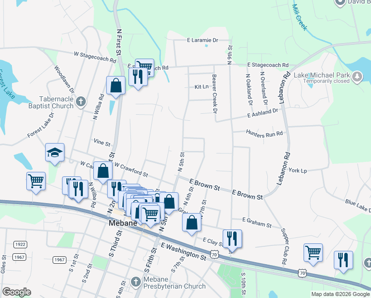 map of restaurants, bars, coffee shops, grocery stores, and more near 600 North 5th Street in Mebane