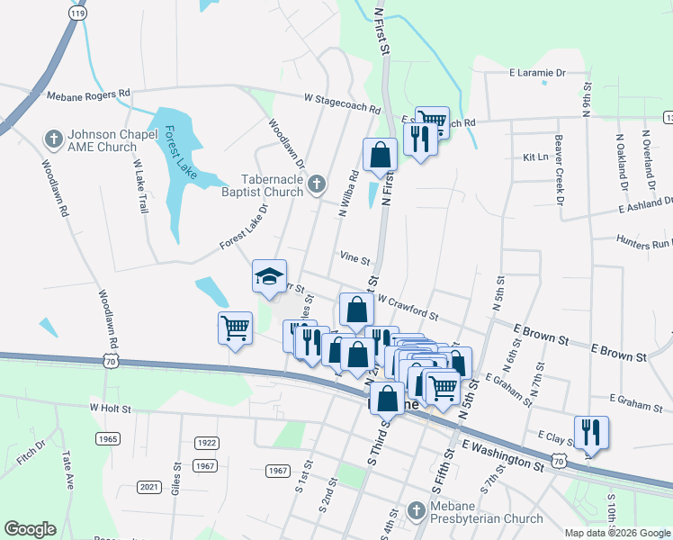 map of restaurants, bars, coffee shops, grocery stores, and more near 504 North Wilba Road in Mebane