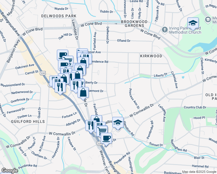 map of restaurants, bars, coffee shops, grocery stores, and more near 2316 Dellwood Drive in Greensboro