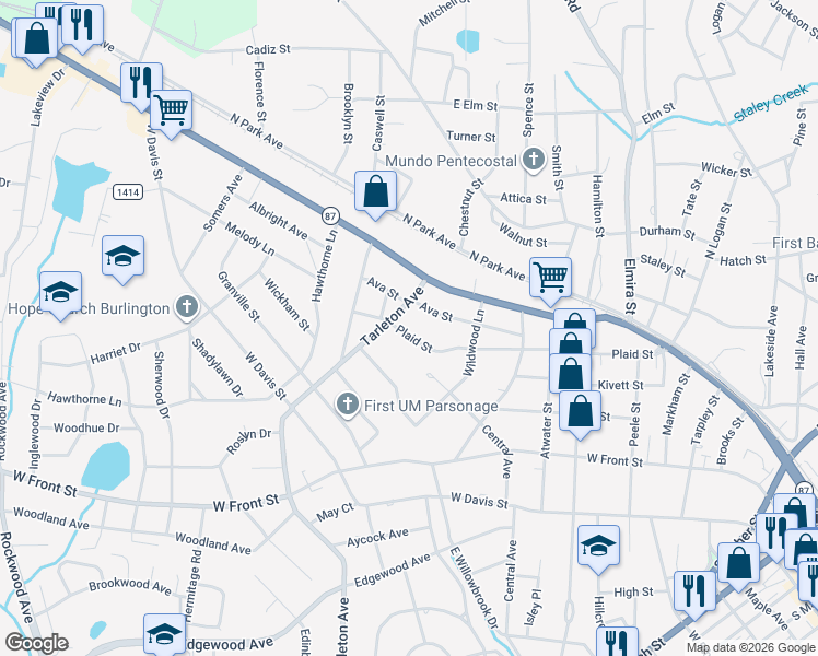 map of restaurants, bars, coffee shops, grocery stores, and more near 1135 Plaid Street in Burlington