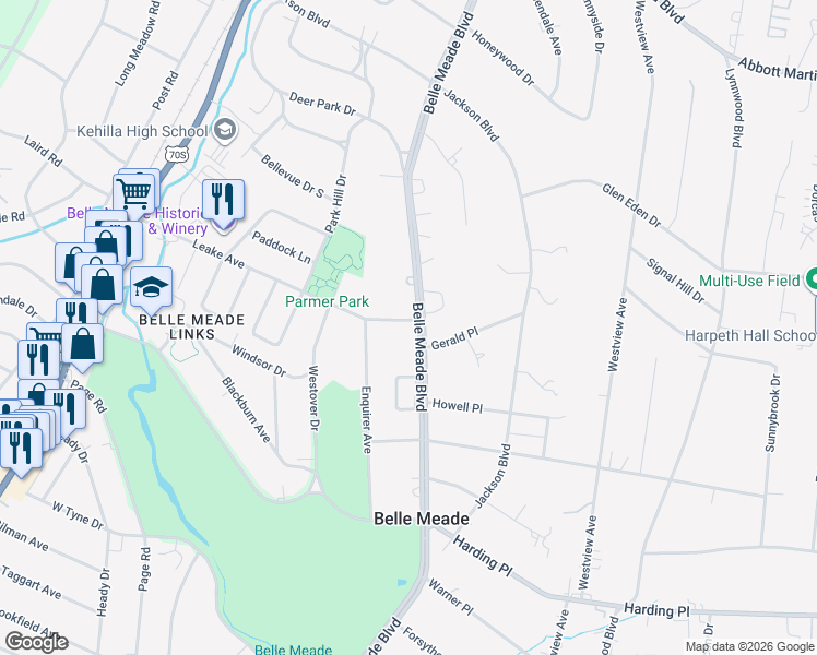 map of restaurants, bars, coffee shops, grocery stores, and more near 601 Belle Meade Boulevard in Nashville