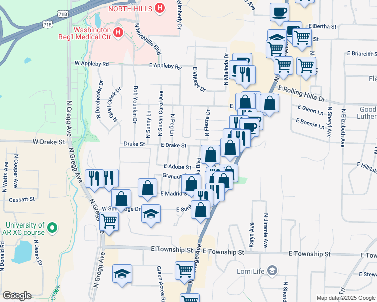 map of restaurants, bars, coffee shops, grocery stores, and more near 2768 North Barcelona Avenue in Fayetteville